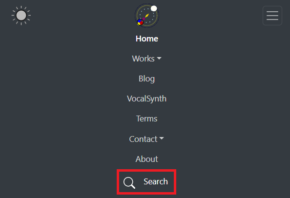 Screenshot showing location of search feature in header navbar being highlighted with a red box on a narrow viewpoint